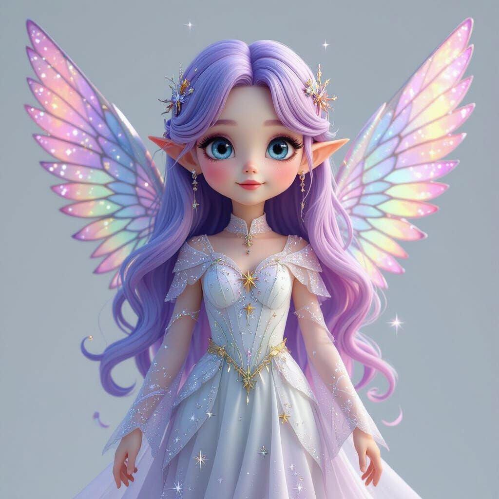 A childlike female celestial being with unique and distinctive wings—large, delicate, and lilac like stained glass. She has long, gradient-c...