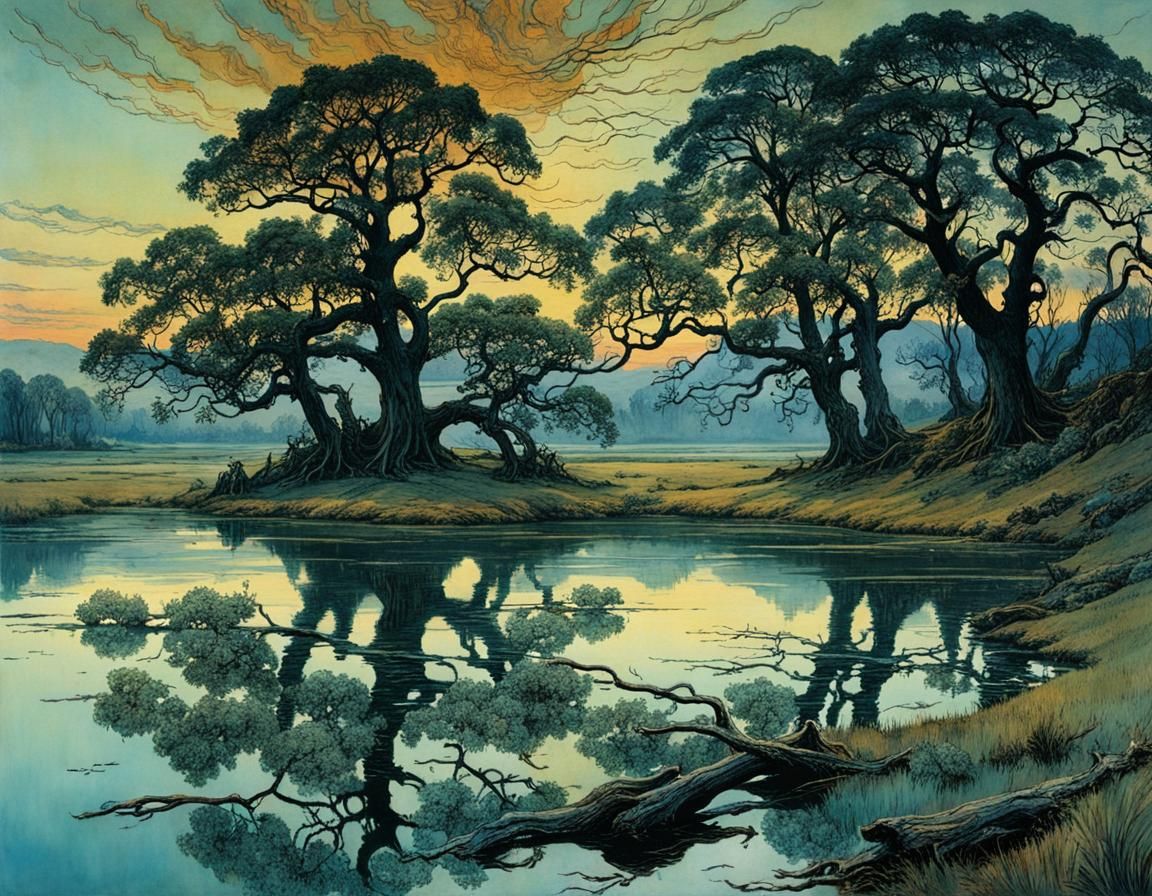 landscape with lake and old oak trees at dusk, by Arthur Rackham, Carne Griffiths and Caspar David Friedrich, ...  by @Tina auf der Blumenwiese