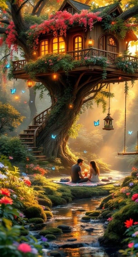 A photo of a serene forest scene bathed in warm golden sunlight filtering through dense green leaves, ...  by @AI Art Gal