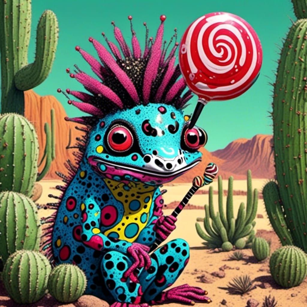 <lora:Flamingo Fancy:1.0> cute lizard with a lollipop in a cactus desert