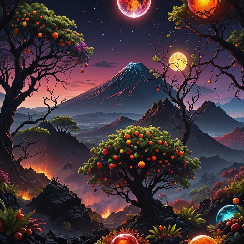 around the crater of a high volcano, trees full of fruits, h...