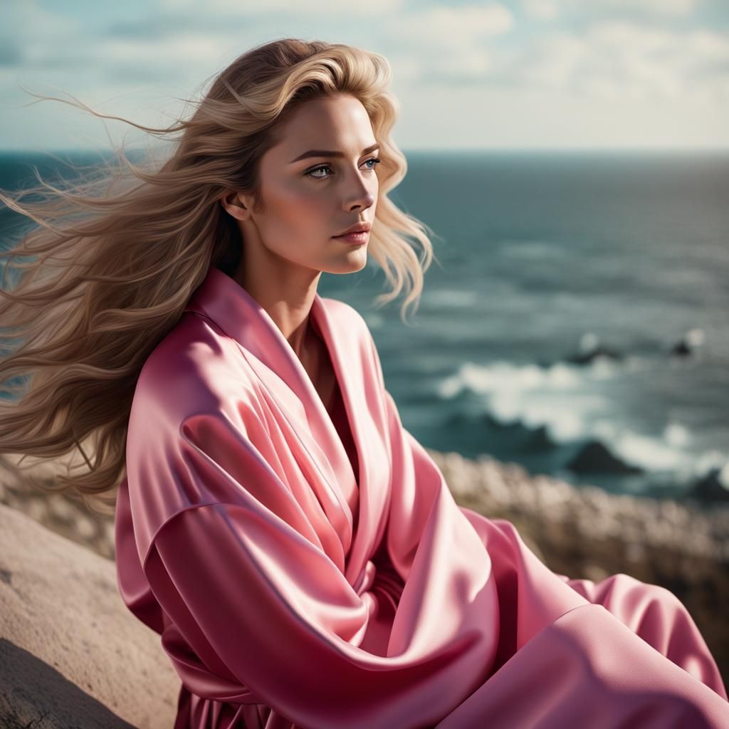 cinematic: An attractive young French girl with lush  blonde brown hair in a pink  silk-cashmere robe sitting overlooking a beautiful sea vi...