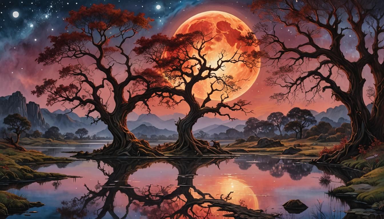 Artistic illustration, blood moon touching it's mirror like reflection in a pond, stars, blood moon,old ...  by @undefined