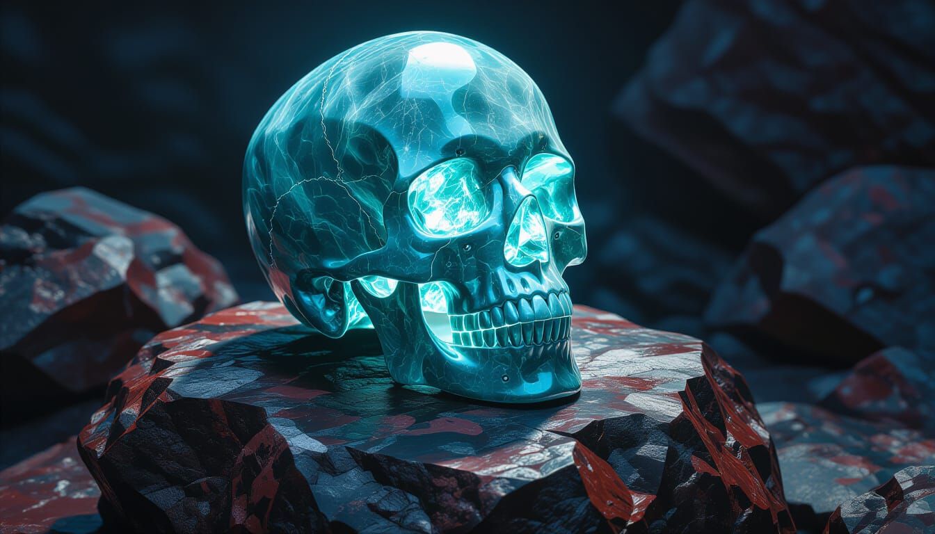A skull made of Aquamarine sitting on a rock of Bloodstone  by @CHM