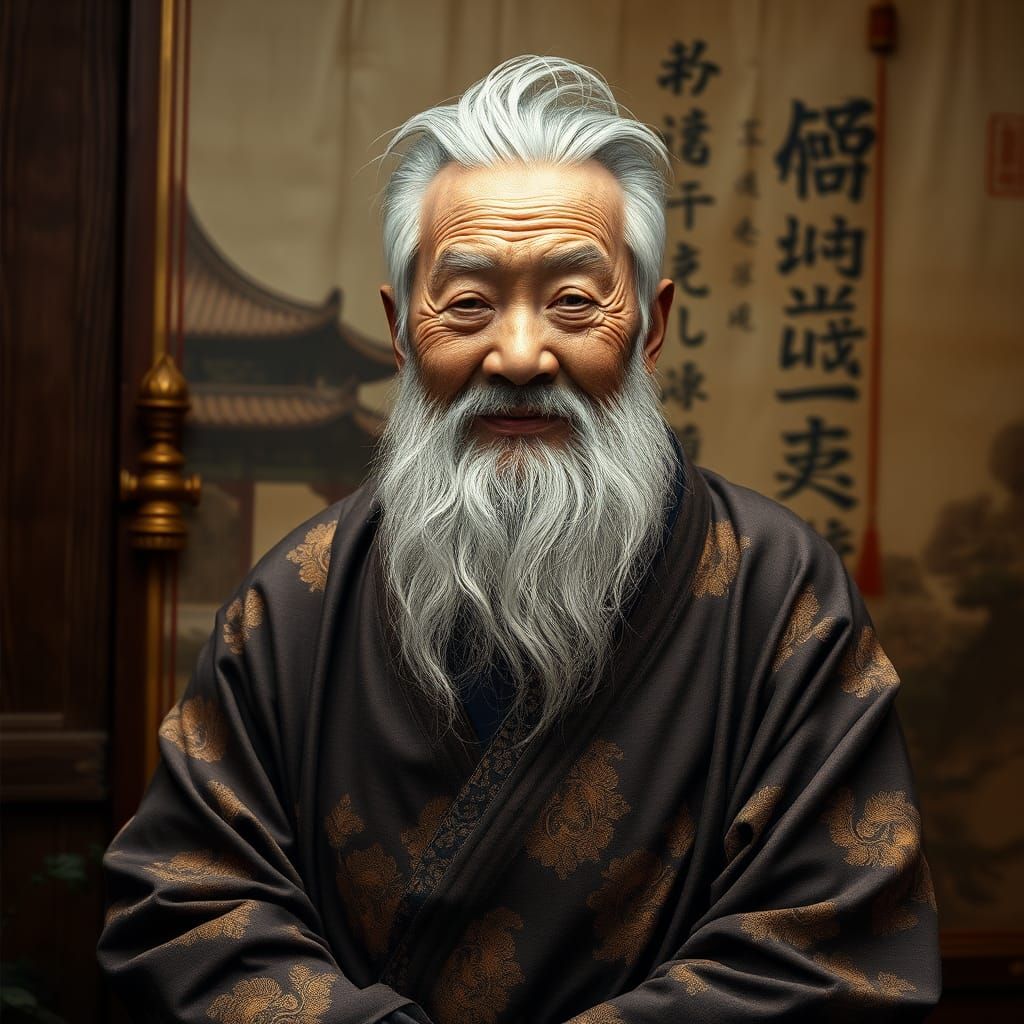 Hyperrealistic Portrait of a Chinese Grandpa in Changshan