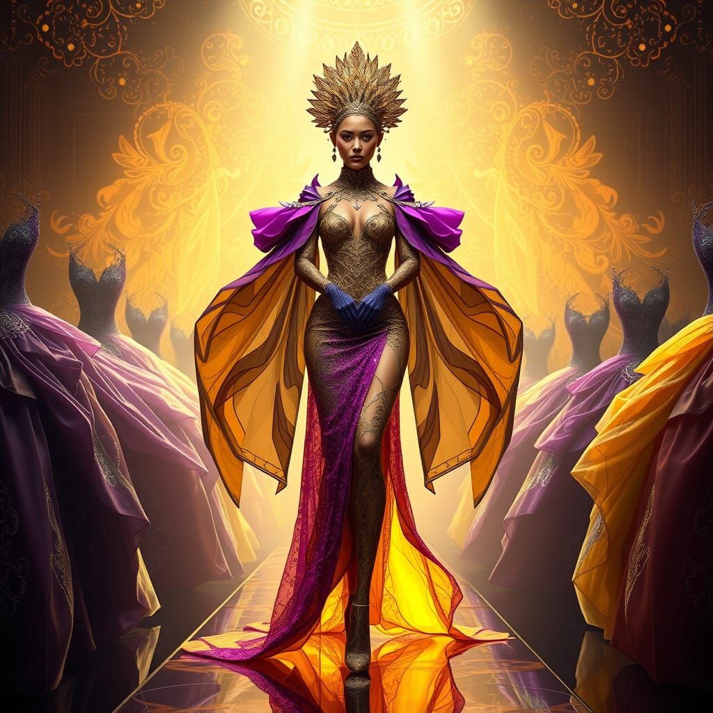 model wearing a high-fashion outfit in a glowing runway setting With beautiful ballgowns a masterpiece, ...  by @Aine Boden