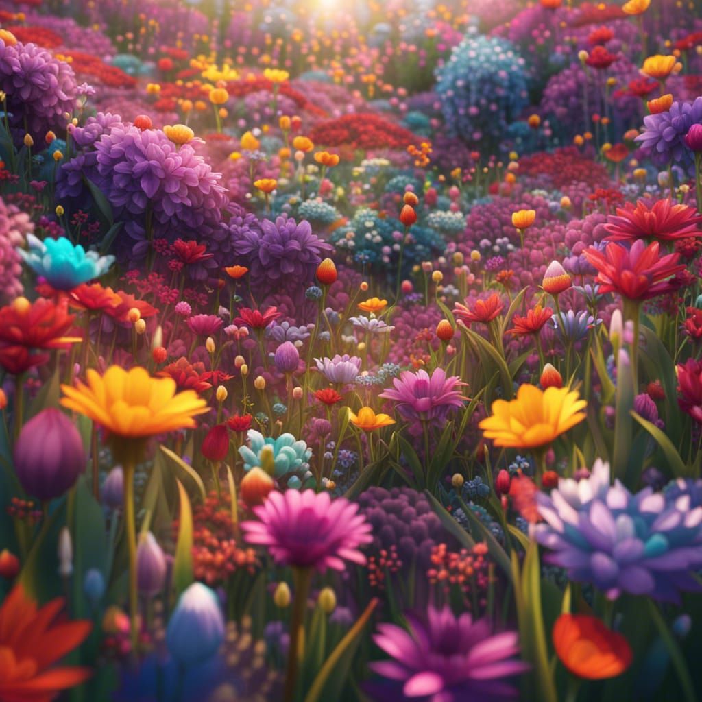 colorful spring flower field, wide-angle lens, sharp focus detailed matte painting, deep color, fantastical, ...  by @Erika Szabó