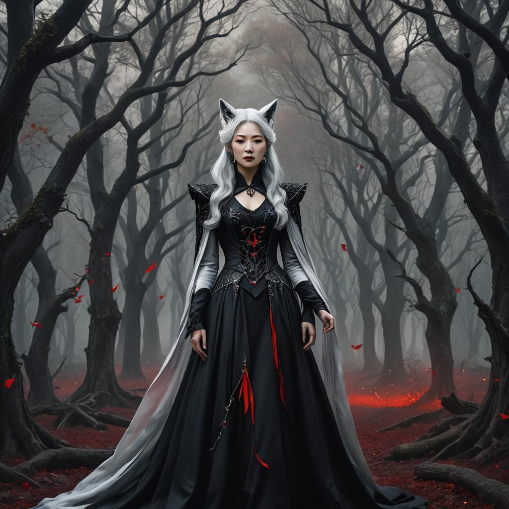 korean lady silver hair black dress red crystals white fox e...