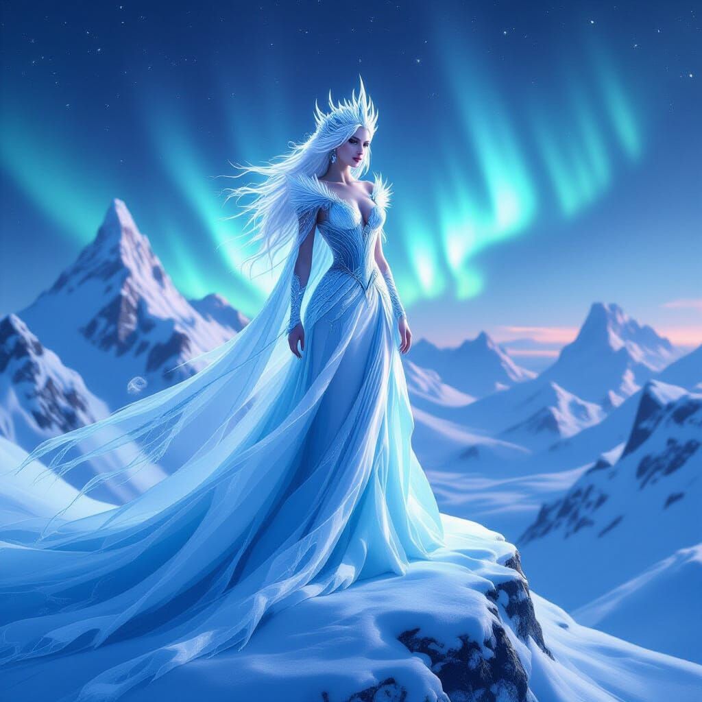 An ethereal ice queen adorned in a gown of sculpted, translucent ice and shimmering frost, standing atop a frozen mountain peak. Her hair is...