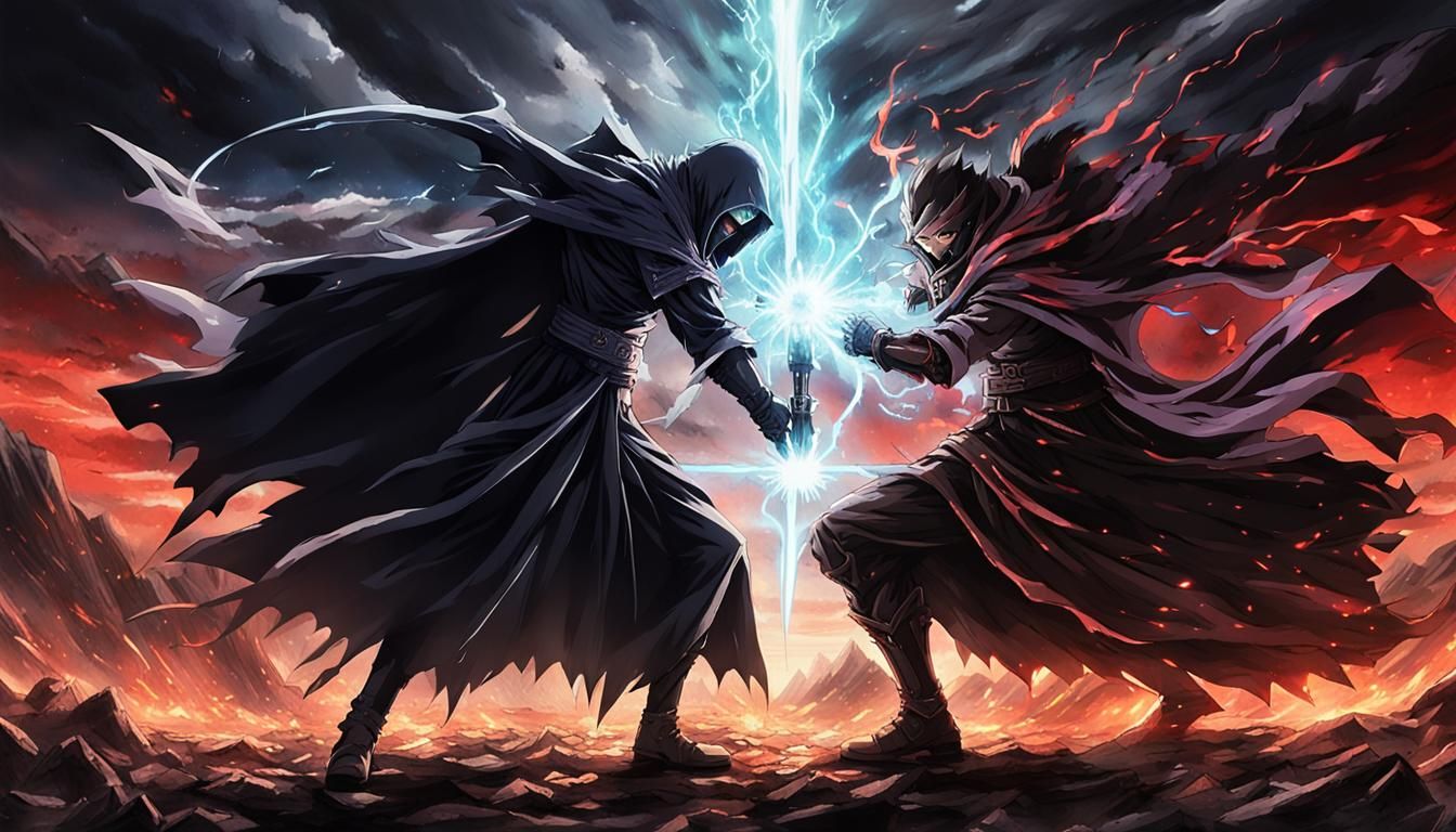 Intense Anime Villain Showdown scene where two iconic villains face off in an epic battle. One villain ...  by @Gorank