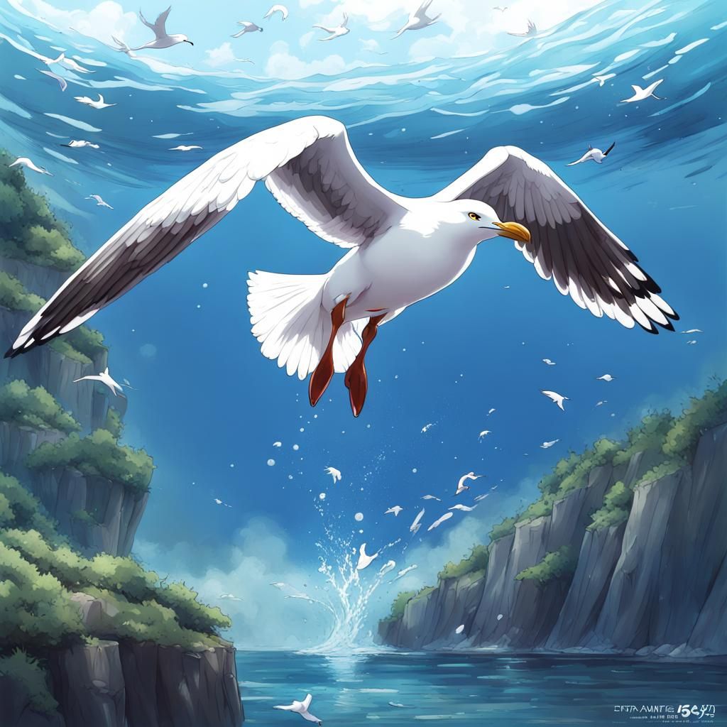 Giant Seagull massive wings diving into water by artist 