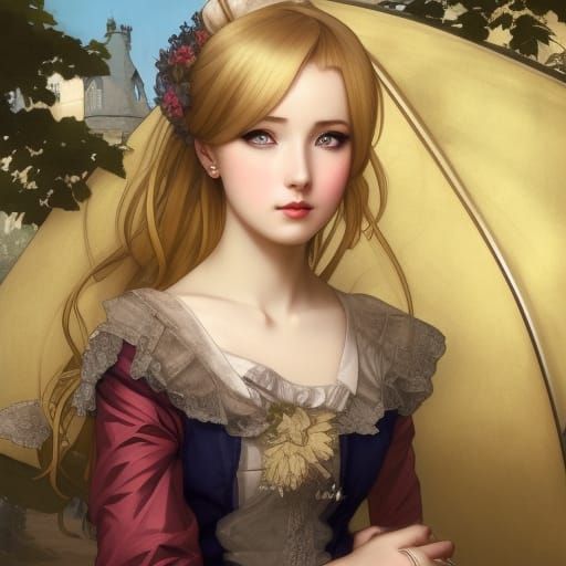 anime girl , blonde, In the Victorian era , on the backgroun...