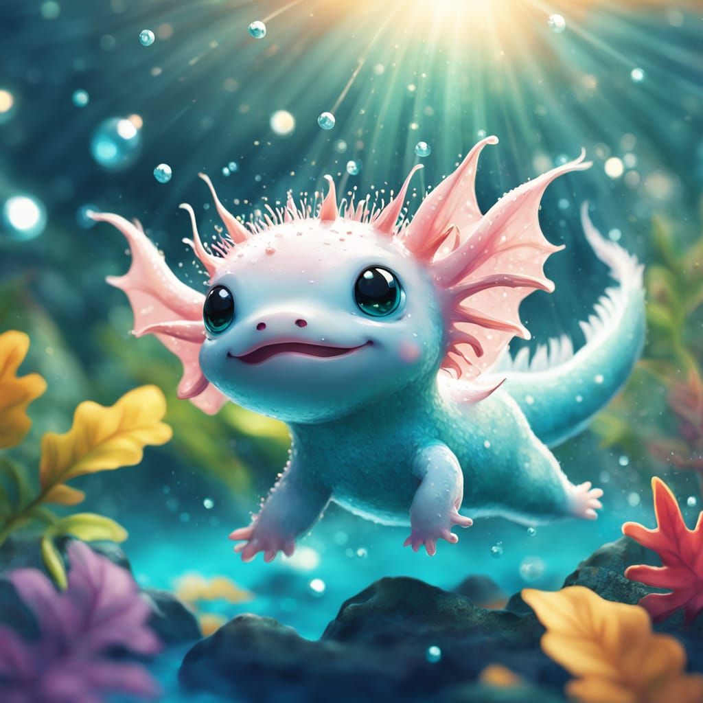An chibi style axolotl exploring an underwater wonderland in a vibrant, fantastical environment.  by @Hummingbirdartiste