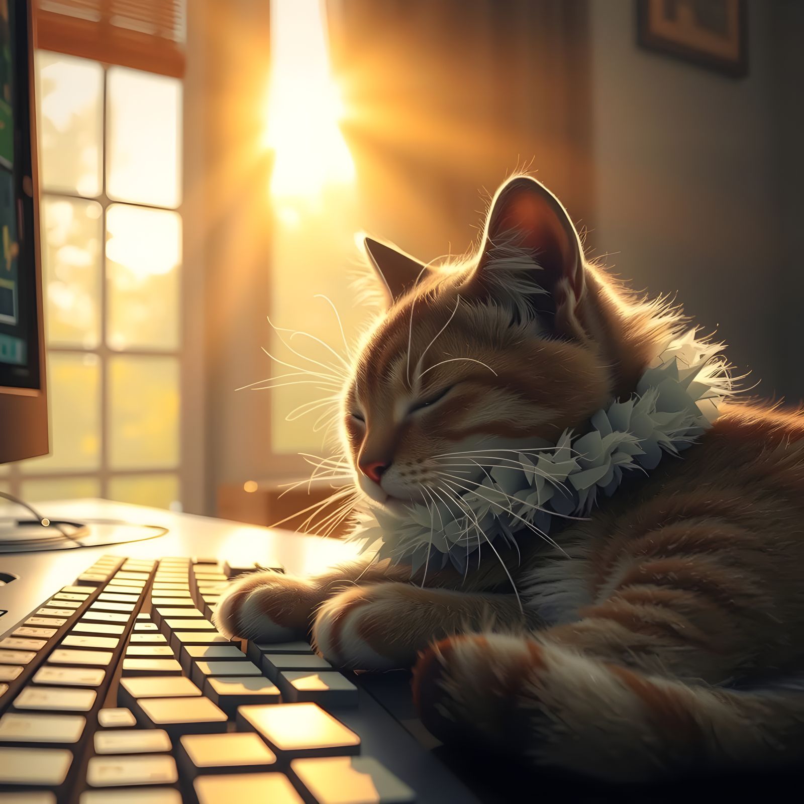 "Kitty Comfort"

Cat curled up and sleeping on compuer keyboard sun shining through window on the cozy ...  by @Bill Wallace