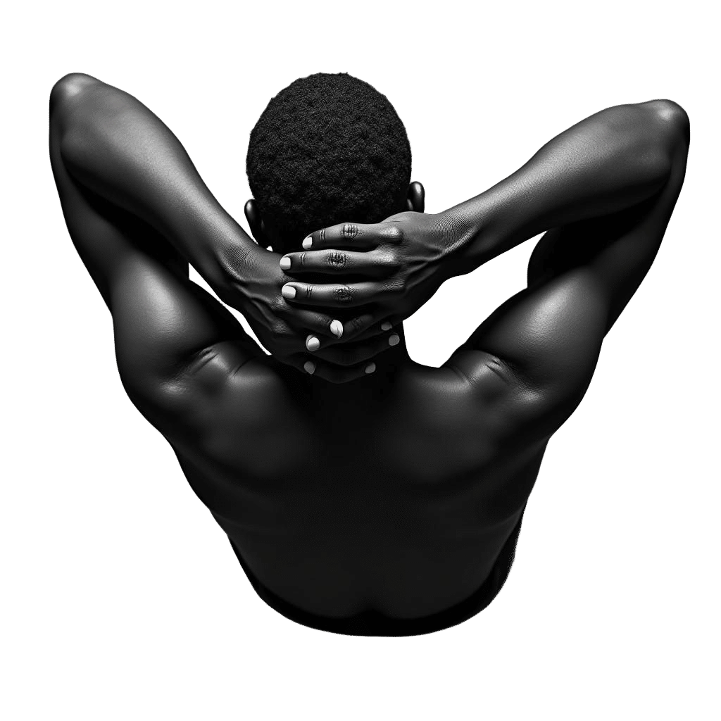 black man with his arms over his head as a photo in black and white seen from the back he is sitting and is covering his head with his arms...