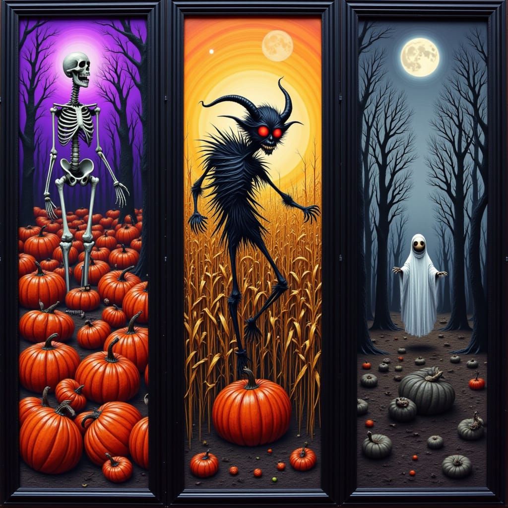 Dark Halloween Triptych: Skeletons, Demons, and Ghosts