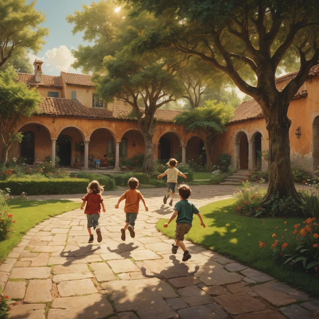 memories of happy children running in a courtyard near a law...