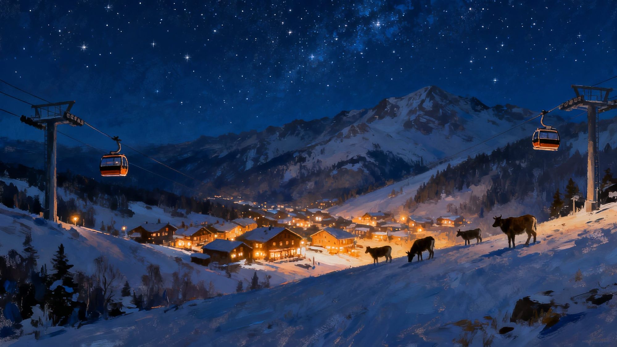 digital painting of a ski resort village with lights on, nestled in a snowy mountain landscape at night. Two ski lifts are visible, and seve...