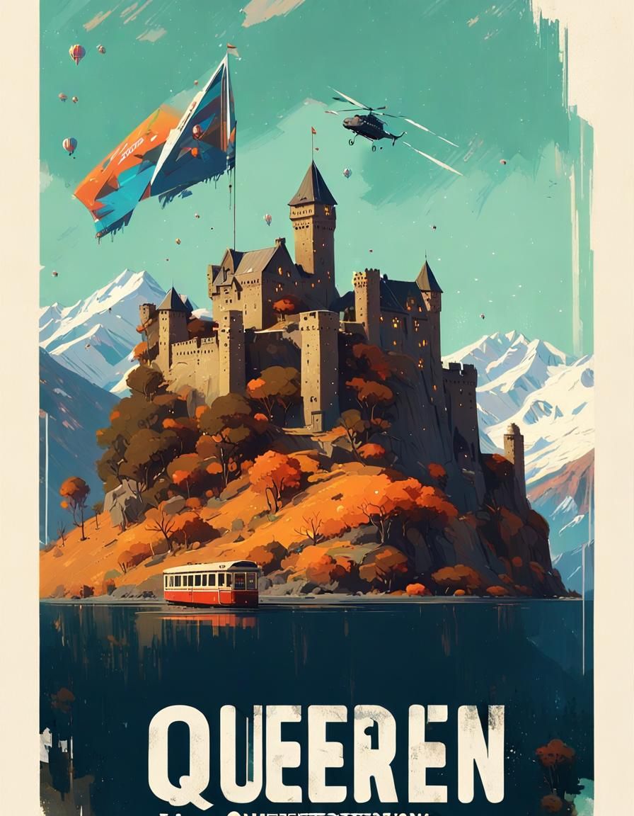 Travel poster Queenstown, New Zealand, detailed delicate dig...
