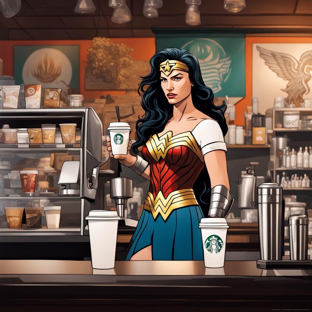 Wonder Woman working as a barista in Starbucks