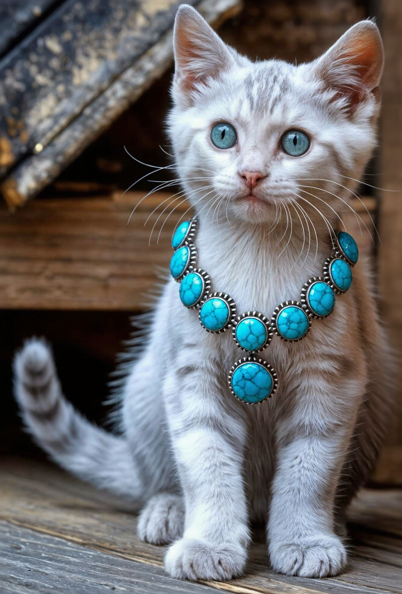 A silver kitten with bright blue eyes wearing turquoise stone jewelry   by @g r r c
