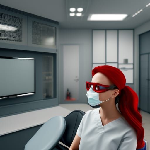 Female dentist with Red hair wearing gloves and a surgical m...