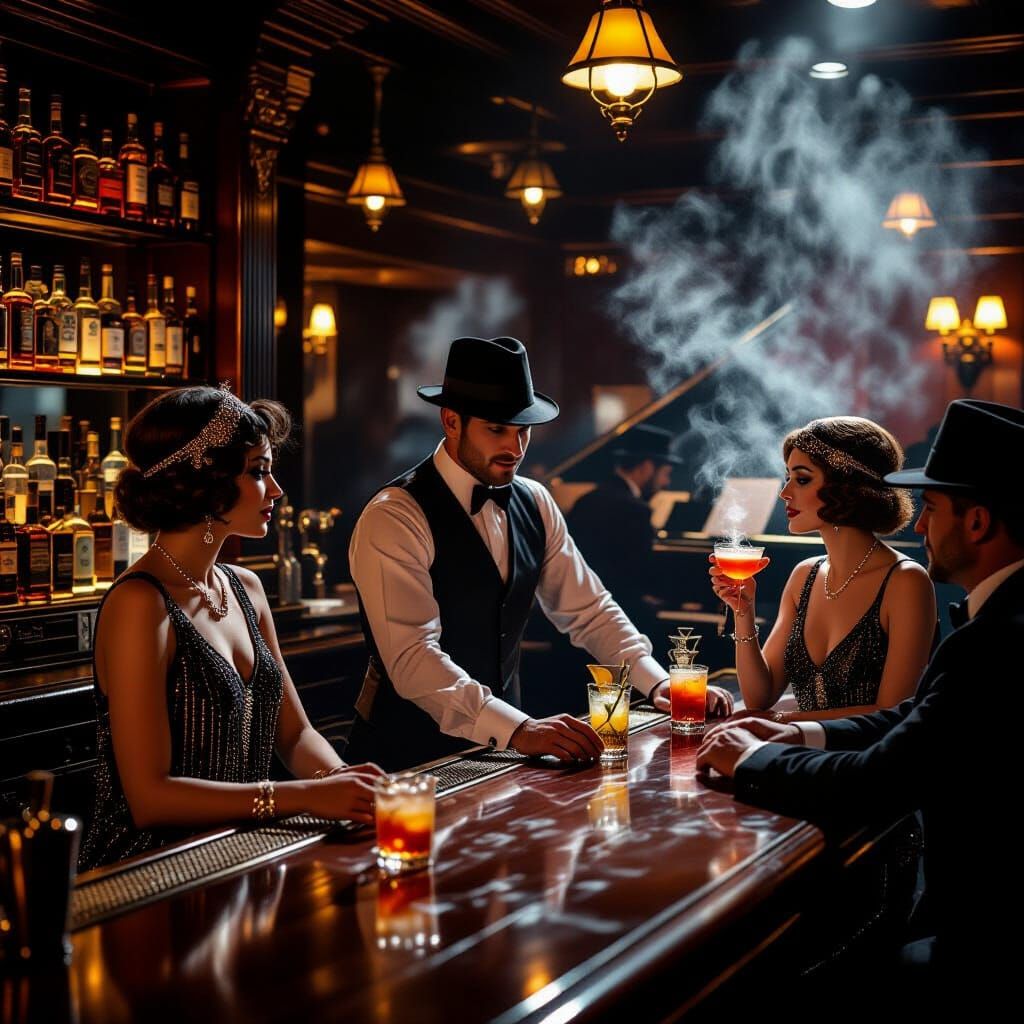 1920s speakeasy with a bartender behind the bar with shelves of alcohol bottles behind bar, ladies drinking ...  by @jimmyoutside