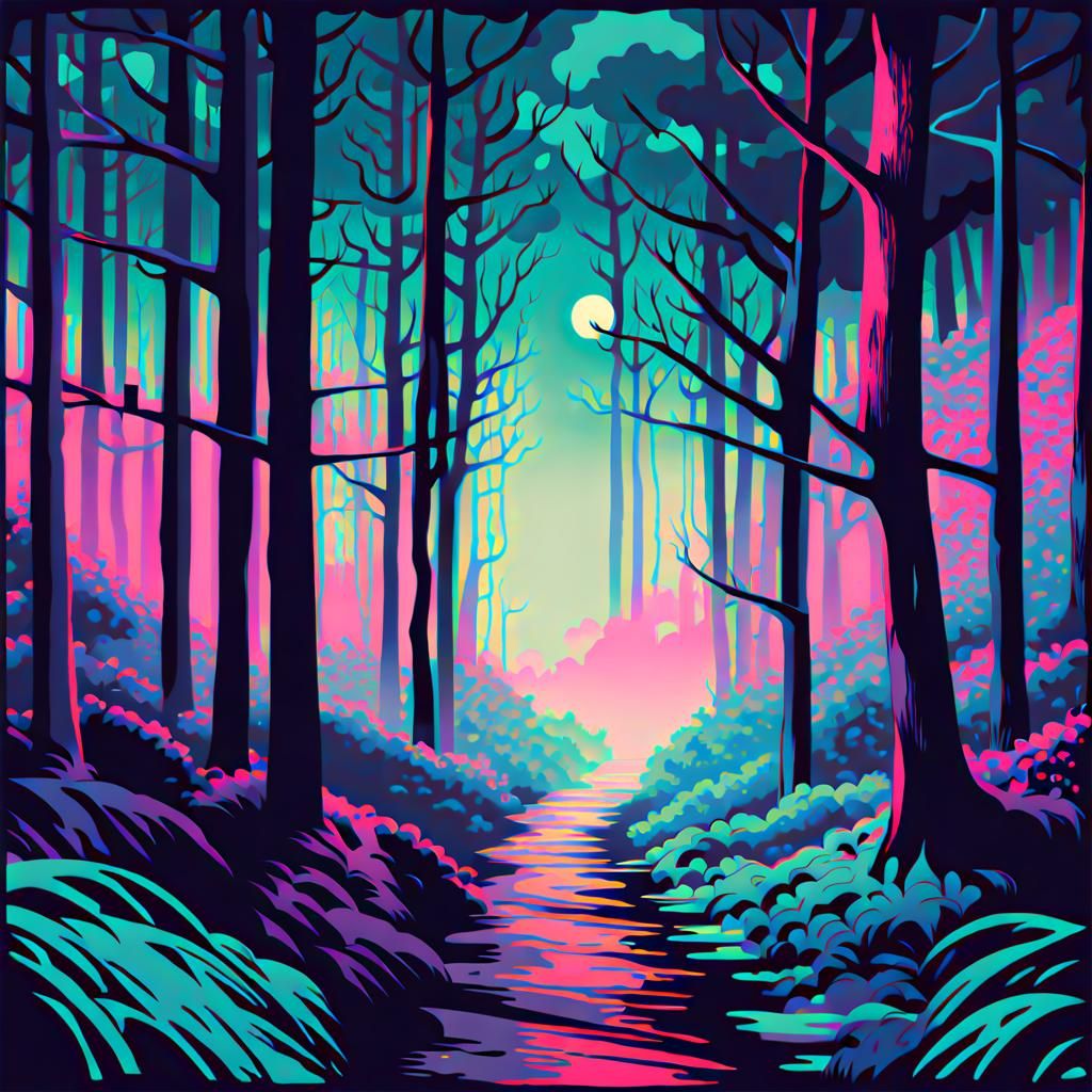 Spooky, foggy forest path at night. Kandinsky cool colors pop art 