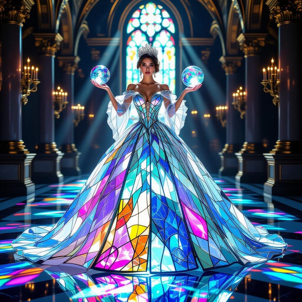 Glass Dresses digital painting. A regal queen in a flowing ballgown made entirely of shimmering, iridescent ...  by @Sleepy48m