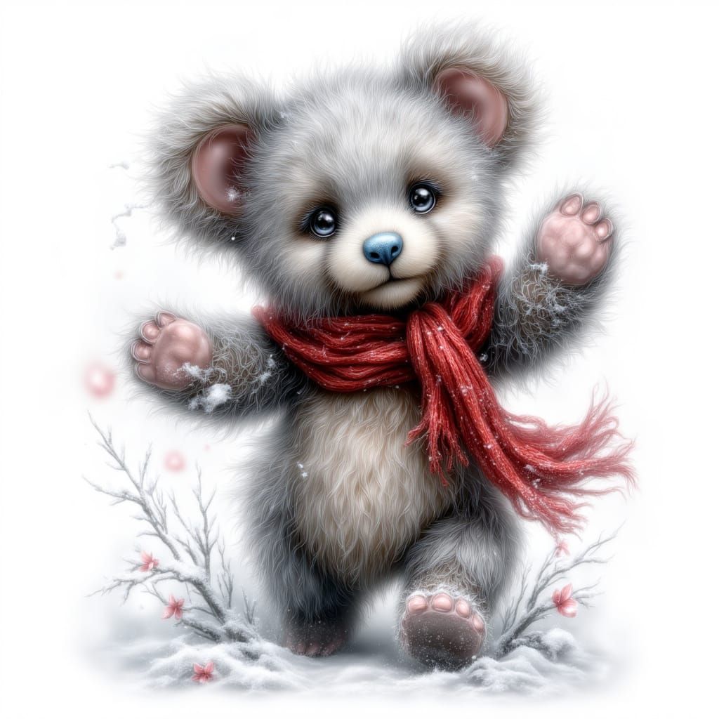 silver gray tatty teddy bear with a powder blue nose wearing a bright red scarf, dancing in the snow, on a white background..
<lora:EWS Myst...