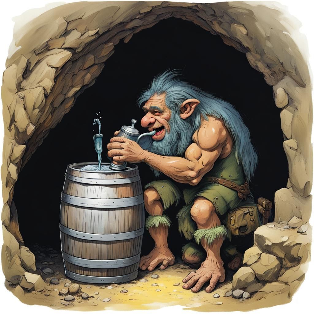 troll in cave drinking from a keg