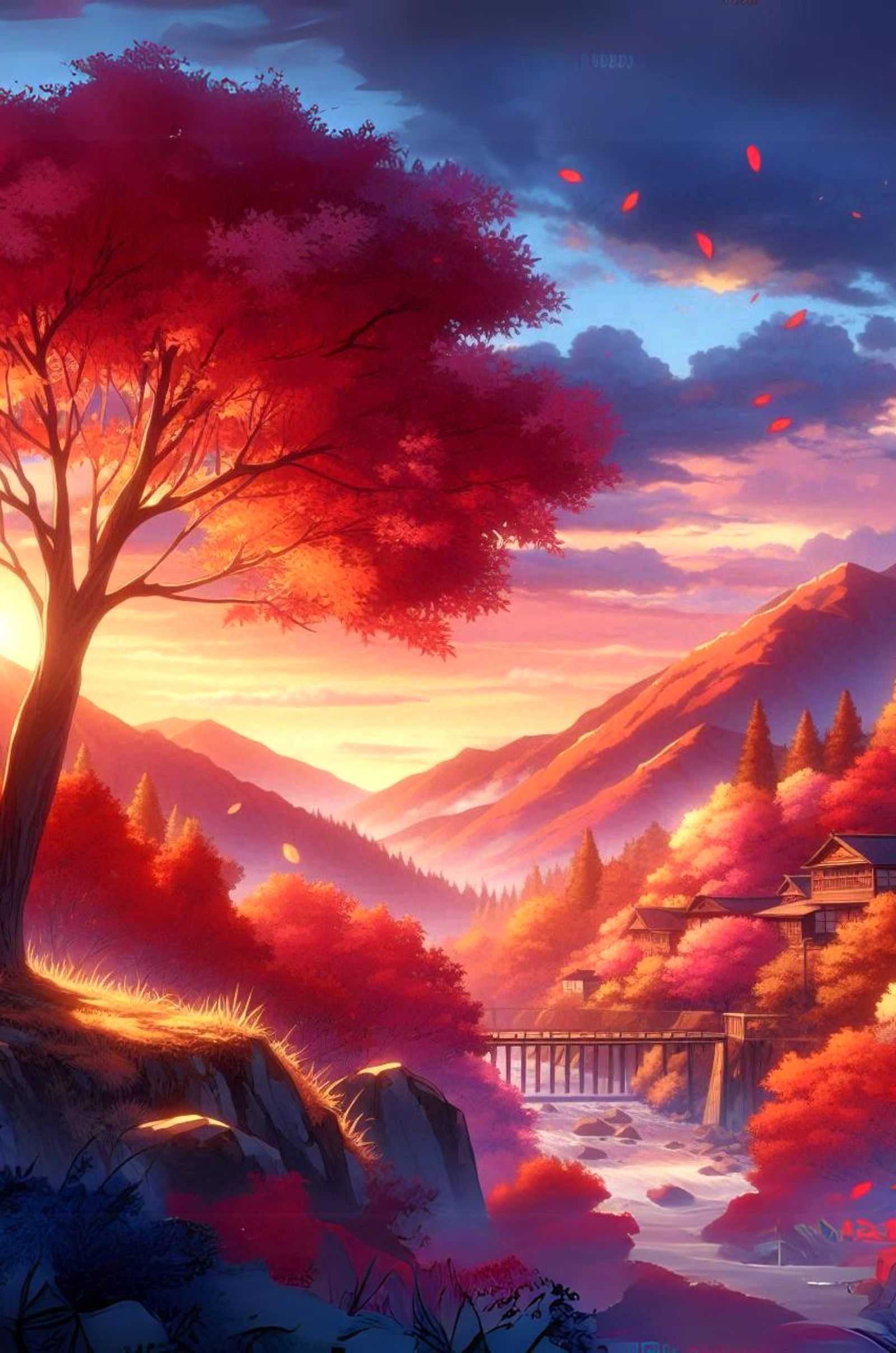 Realistic anime autumn landscape of a river cutting through mountains