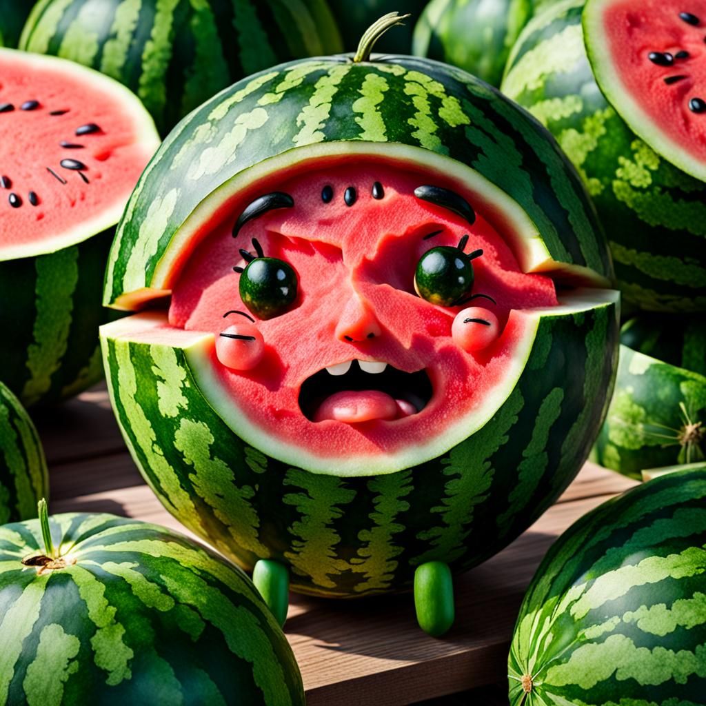 watermelon with a cute face. And the face is sad