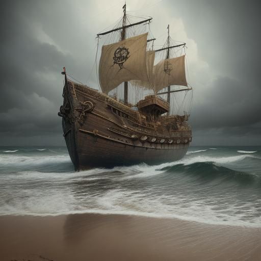 Hyperrealistic Pirate Ship with Gold Ingots