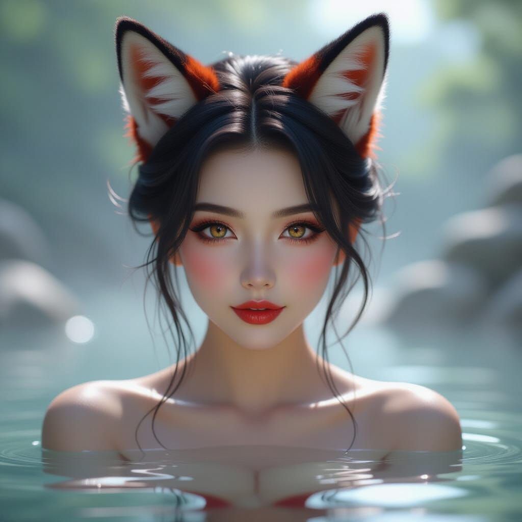 Enchanting Kitsune Fox Demon in Misty Hot Spring