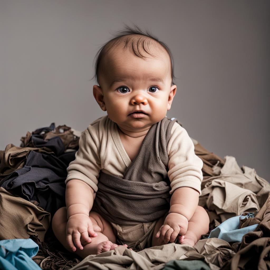 A ugly baby sitting in a pile of dirty rags.