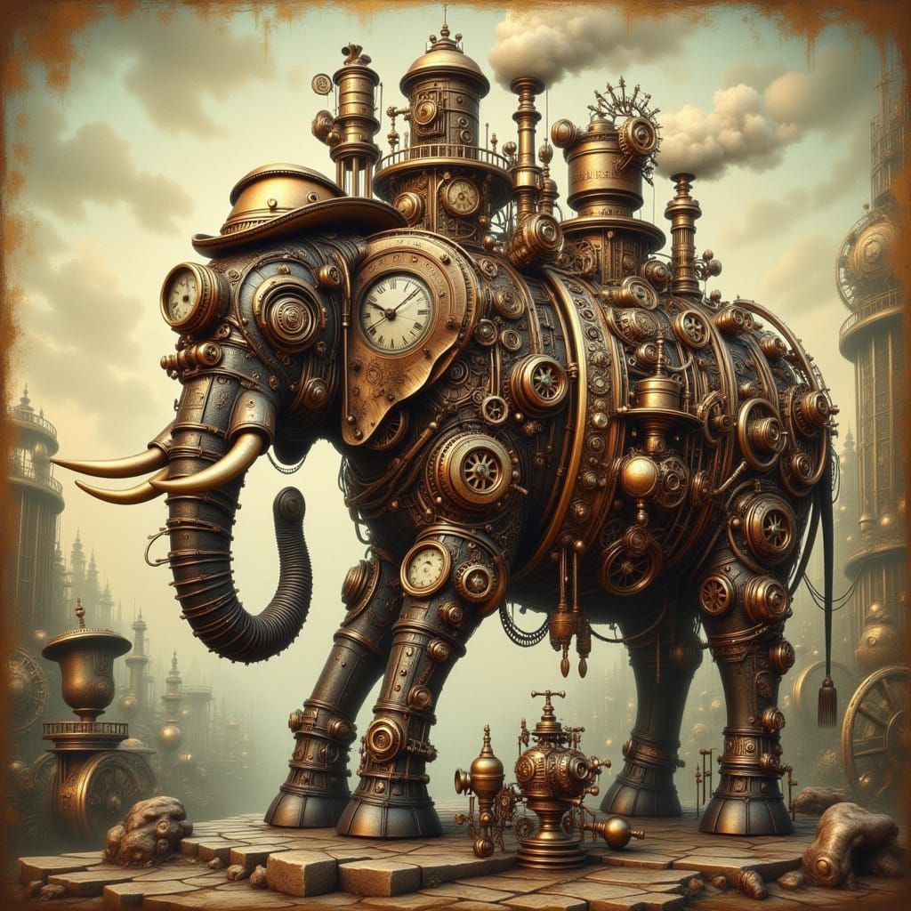 Een steampunk victoiaanse olifant gemaakt van tandwielen, uurwerken, leer. Hij draagt een hoge hoed en ...  by @Jai