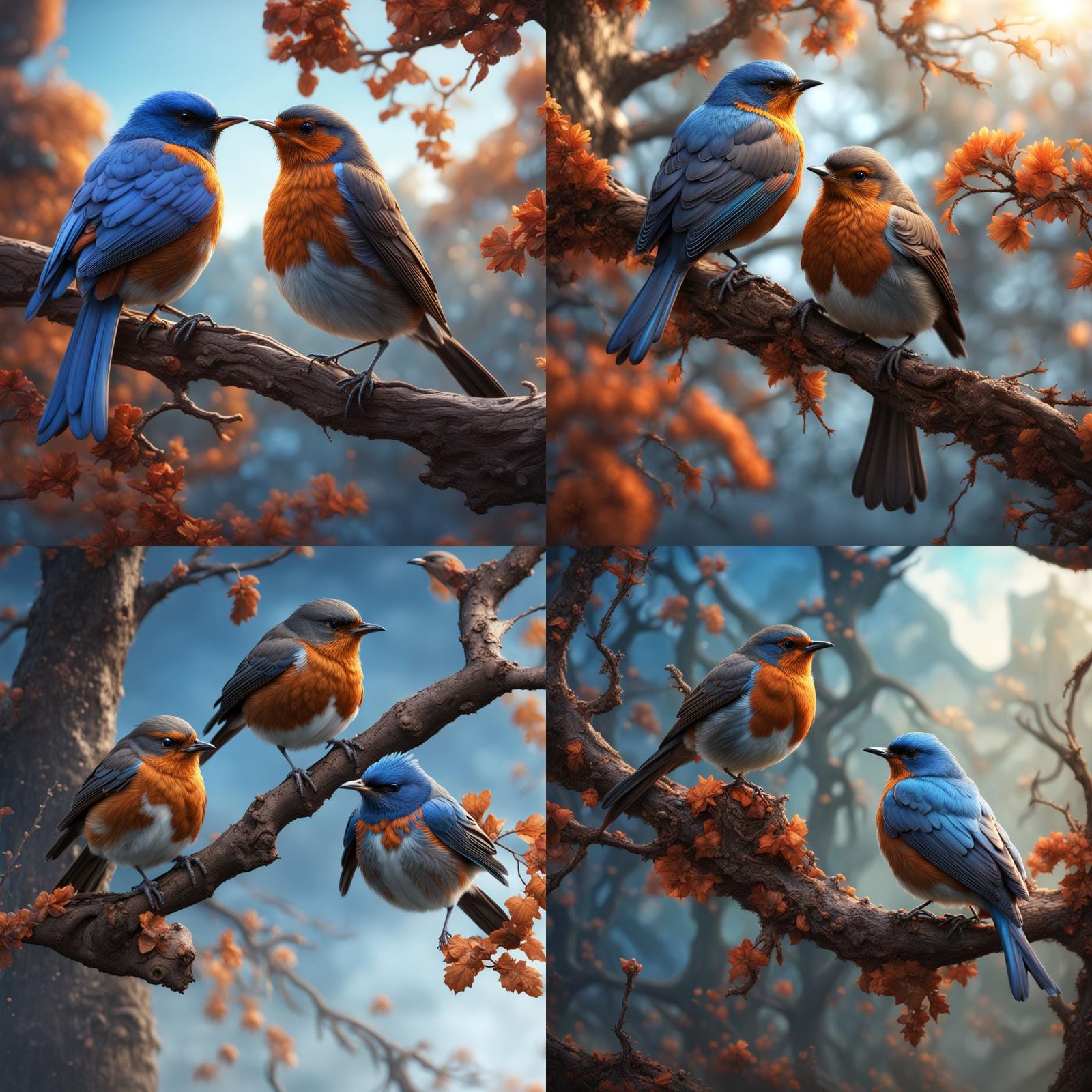 Two birds, one Robin, one blue bird, on tree branch