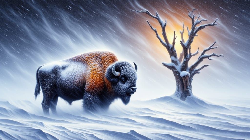 WHITE-OUT CONDITIONS in a blizzard with howling wind and blinding snow. blacklit vibrant colors. impasto with heavy brush-head of snow-cover...