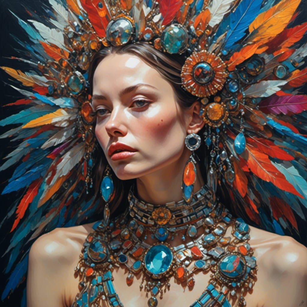 Hyperrealistic portrait of a beautiful woman wearing intricately detailed colorful clothing and futuristic jewellery. <lora:Stellar Brews:1....
