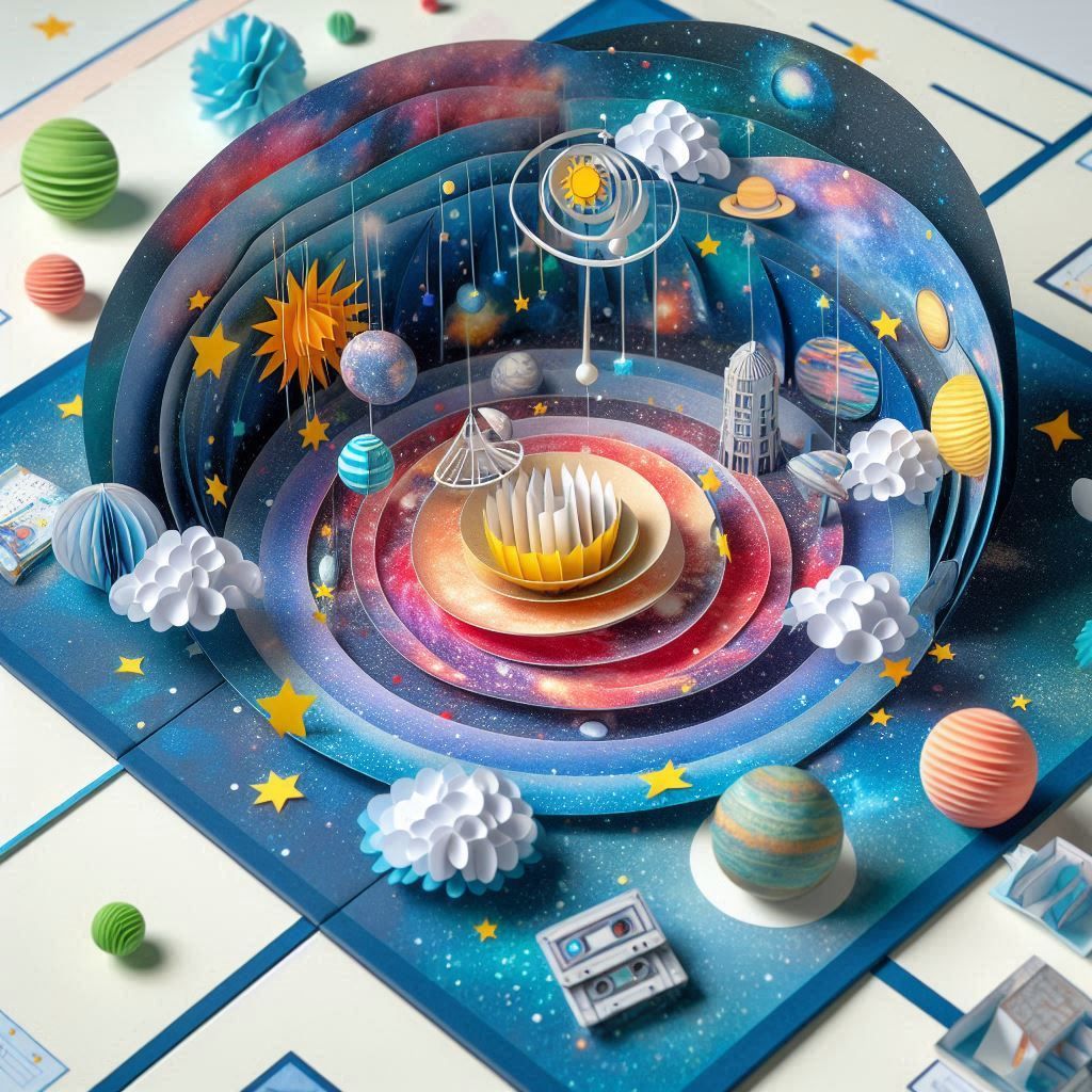 Pop-up book scenes showing a detailed galaxy with milky way, starry and a solar system 10