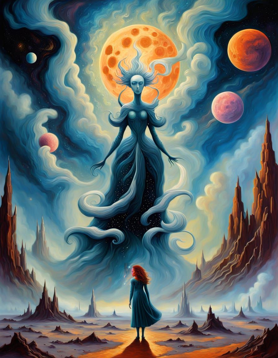 a collaborative fantasy-surrealist duet, a beautiful pairing of two mutually claimed harmonious elementals of cosmic-energetic beings stands...