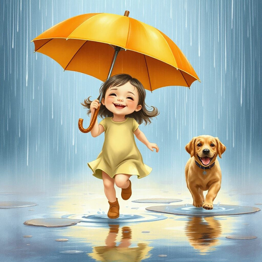 
It's raining hard and the girl runs with a big smile
