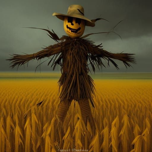 Creepy scarecrow in a corn field. Canted sideways. Daylight. Ominous ...