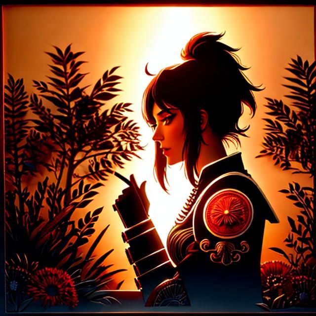 <lora:PaperArt:1.0> Female warrior at sunset