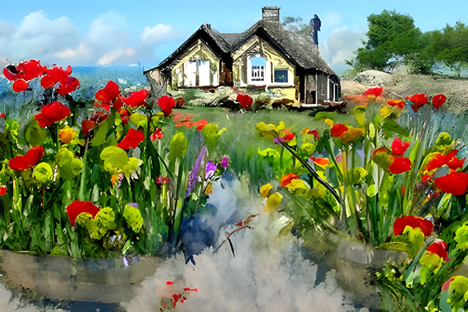 a cottage surrounded by wildflowers watercolor painting by f...