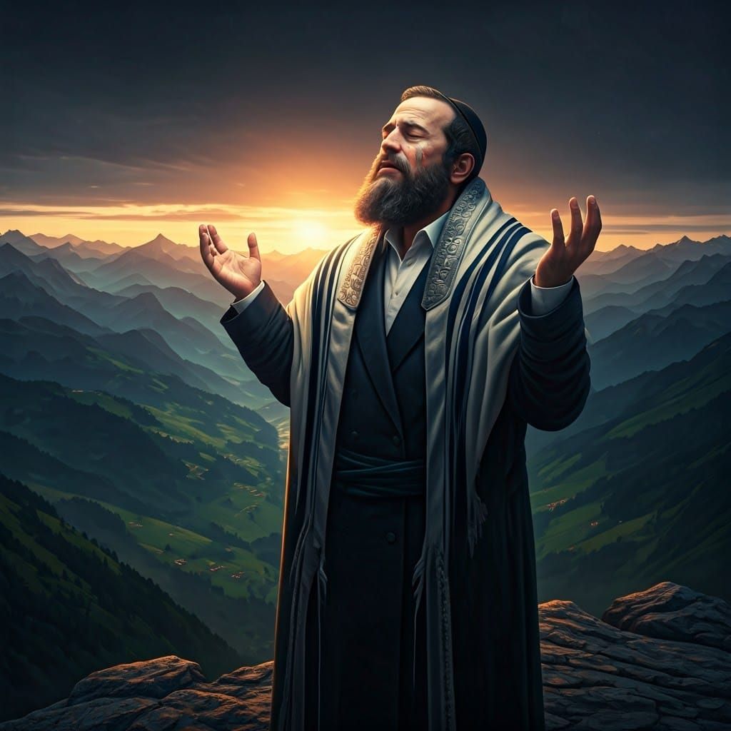 Devout Man Praying in Swiss Mountains