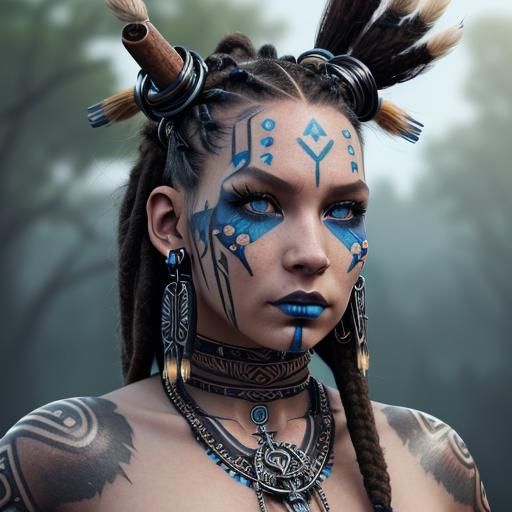 Close-up of a stunning tribalpunk warrior girl, looking at viewer, blue ...