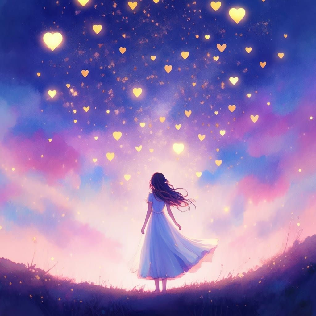 Dreamy Girl Gazing at Heart Stars, Watercolor Style