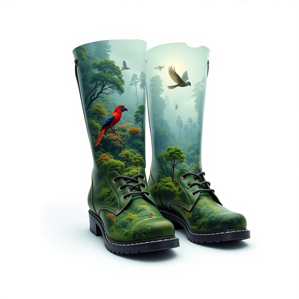 <lora:inlaid:1.0> The outline of a boots with laces consists of a panorama of the rain forest with birds. Outside the outline there is a whi...